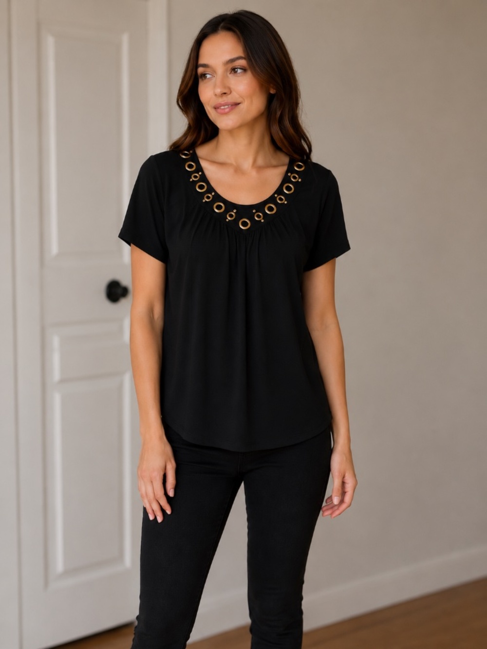 INC brand Black Short Sleeve Top with Gold Eyelet V-Neckline. Size Small